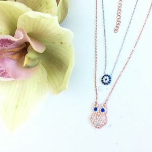 🧿 EVIL EYE & OWL 🧿2 Row Silver Cz Necklace